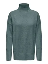 Sweater de punto con cuello alto, hombros caídos y puños acanalados. Presenta un diseño holgado y minimalista en color verde.