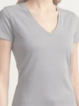 Remera gris de corte clásico con escote en V y mangas cortas.