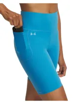 Calza corta deportiva azul con cintura alta y logo de la marca en la pierna izquierda.