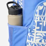 Mochila Rip Curl modelo Ozone 2.0 de 30 litros, color azul con estampado blanco de estilo surf/floral que incluye texto como "SUN", "WAVES" y "RIP CURL". Presenta un compartimento principal y un bolsillo frontal con cierre.