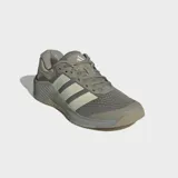 Championes de entrenamiento Adidas Dropset 4 Power, color gris con detalles en blanco. Diseñados para levantamiento de pesas y entrenamiento funcional, cuentan con tecnología Repetitor para retorno de energía, pods Geofit en el talón y suela de caucho Continental para mayor agarre.