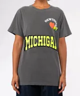 Remera de algodón gris oscuro con lavado especial, corte holgado y cuello redondo. Presenta un estampado frontal con la palabra "MICHIGAN" en amarillo neón con borde negro, y apliques decorativos en la parte superior: un corazón naranja, la palabra "NEWTONE" en arco y dos píldoras/pastillas de colores.