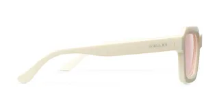 Lentes de sol cuadrados con armazón blanco y lentes rosados polarizados con protección UV400.
