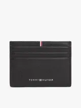 Tarjetero de piel negro de la marca Tommy Hilfiger, con acabado granulado, ranuras exteriores para tarjetas, detalle de cinta tricolor y logo metálico.