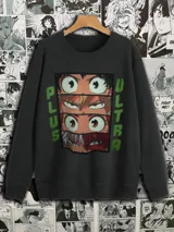 Buzo negro con estampado de los ojos de los personajes principales de My Hero Academia y las palabras "Plus Ultra" en verde.