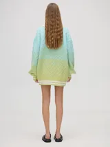 Cardigan de punto con diseño degradé en tonos tierra, patrón de rombos en relieve, cuello en V con cartera de botones y puños con rayas blancas y marrones.