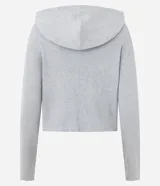 Cardigan gris melange de punto canalé con capucha y cierre frontal de cremallera, mangas largas y corte holgado.