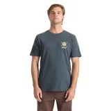 Remera gris oscuro de manga corta con un pequeño estampado en el pecho que representa un sol y palmeras.