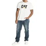 Pantalón de jean de corte recto, color azul medio, con cinco bolsillos y logo CAT en la parte trasera. Confeccionado en algodón, poliéster y spandex.