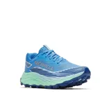 Championes de trail running Merrell Agility Peak 6, color azul con detalles en verde agua y suela Vibram. Presentan diseño técnico con malla transpirable, refuerzos en TPU y entresuela de espuma FloatPro+ para mayor amortiguación y retorno de energía.