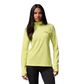 Buzo deportivo de media cremallera Columbia, color amarillo neón, con cuello alto, mangas largas con orificios para pulgares y logo de la marca estampado en el pecho.