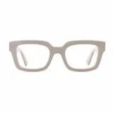 Armazón de receta de bio acetato en color beige, con diseño de forma cuadrada y líneas rectas.