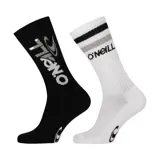 Pack de dos pares de medias de caña media, una en color negro con logo estampado y otra en color blanco con rayas en el puño y logo estampado.
