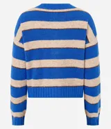 Cardigan de punto con diseño de rayas horizontales en azul y beige. Presenta cuello redondo, manga larga, cierre frontal con botones y puños y ruedo acanalados.