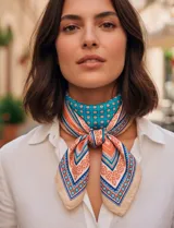Pañuelo cuadrado de satén con estampado geométrico y floral en tonos turquesa, naranja y beige.