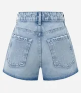 Short de jean de tiro alto, color celeste, con bolsillos y detalles de strass y estrellas.