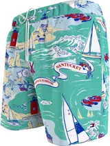 Short de baño celeste con estampado de motivos náuticos en rojo, blanco y azul.