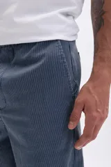 Pantalón de hombre de corte recto, color azul grisáceo, confeccionado en tela de pana (corduroy) con finas rayas verticales.