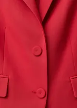 Chaqueta tipo blazer de corte recto y diseño estructurado, color rojo intenso. Presenta cuello con solapas de muesca, cierre frontal de dos botones, mangas largas con puños abotonados y dos bolsillos laterales con solapa.