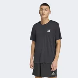 Remera deportiva Adidas de running, color negro, con cuello redondo y mangas cortas. Presenta el logo de la marca en color blanco en el pecho y tecnología de gestión de humedad para mayor frescura.