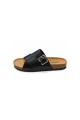 Sandalias marrones de tiras cruzadas Paddock con hebilla metálica dorada regulable, plantilla anatómica y base de corcho.