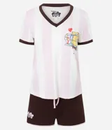 Conjunto de pijama compuesto por una remera de escote en V con estampado de rayas verticales y un gráfico de Bob Esponja en el pecho, y un short liso con cintura elástica ajustable y detalle estampado en la pierna.