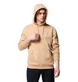 Buzo tipo canguro Columbia, color beige, con capucha ajustable mediante cordones, bolsillo frontal tipo canguro, puños y dobladillo acanalados. Presenta un pequeño parche con el logo de la marca en el pecho.