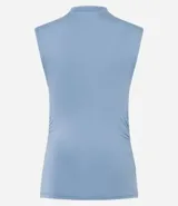 Top sin mangas negro, ajustado al cuerpo, con cuello alto y sutiles drapeados laterales.