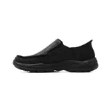 Zapatos casuales Skechers modelo Slip-ins Arch Fit Motley Milo para hombre, color negro. Confeccionados en cuero con diseño tipo mocasín sin cordones, cuentan con tecnología Heel Pillow en el talón para un ajuste firme, plantilla acolchada Air-Cooled Memory Foam y soporte de arco certificado.
