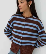 Cardigan de punto a rayas horizontales en tonos marrón y celeste, con cuello redondo, manga larga y cierre frontal de botones. Cuenta con detalle de encaje floral en el bajo.