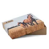 Billetera de cuero sintético color marrón oscuro, con diseño plegable y detalle de banda elástica decorativa con rayas horizontales en tonos beige y blanco en la parte frontal.