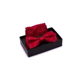 Conjunto de moño y pañuelo de bolsillo color rojo con diseño de líneas finas en blanco y azul. Se presenta en caja negra.