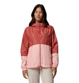 Campera cortavientos Columbia de mujer, bicolor en tonos rojo y rosado, con capucha ajustable, cierre frontal y bolsillos con cremallera.