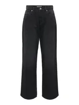 Jean wide leg de tiro alto y corte holgado en las piernas, color negro con efecto lavado. Cuenta con cinco bolsillos, presillas para cinturón y cierre frontal con botón y cremallera.