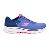 Championes Skechers Go Walk 7 Cosmic Waves, color azul con detalles en rosa. Capellada de malla con cordones elásticos, plantilla Air-Cooled Goga Mat, amortiguación Ultra Go y tecnología Hyper Pillar.