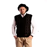 Chaleco negro con cuello en V y diseño pampa en gris.