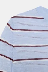 Top de punto fino de lana, de corte recto con mangas cortas y cuello redondo, con diseño de rayas horizontales en tonos celestes y bordó.