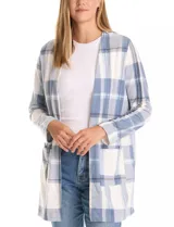 Cardigan abierto de tejido soft con estampado de cuadros en tonos azul y blanco. Presenta corte recto, mangas largas y dos bolsillos frontales aplicados.