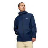 Chaqueta impermeable de nylon reciclado color azul marino, con capucha ajustable, cierre frontal, bolsillos laterales con cierre y puños con velcro.