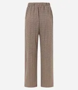 Pantalón recto de sastrería con cintura elástica y estampado de cuadros en tonos marrón y beige.