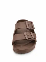 Sandalias de dos tiras negras con hebillas ajustables, plantilla anatómica y diseño ergonómico.
