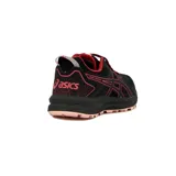 Championes de trail running Asics modelo Trail Scout para mujer, color negro con detalles en rosado y rojo.