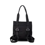 Mochila y cartera híbrida confeccionada en nylon de color beige con detalles y correas en negro. Posee dos asas superiores para llevar al hombro y correas traseras ajustables para usar como mochila. Presenta dos bolsillos frontales con cierre de cremallera y tiradores largos.