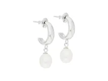 Aros colgantes de plata 925 con diseño de medio aro con circonias y perla colgante.