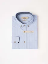 Camisa de manga larga La Dolfina con estampado de rayas verticales en azul y blanco. Presenta cuello abotonado, botones en contraste y logo bordado en el pecho.