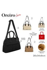 Cartera tipo bowling bag color negro, con asas superiores y correa ajustable para el hombro. Presenta un diseño acolchado con costuras verticales en la parte inferior y un bolsillo frontal con cierre.