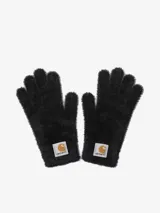 Guantes de tejido de punto peludo en color bordó, con parche de la marca Carhartt en la muñeca.
