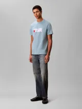 Remera Calvin Klein de color celeste, confeccionada en punto de algodón regenerativo, con cuello redondo, manga corta y corte regular. Presenta un estampado gráfico frontal con el logotipo de la marca en tonos blancos y un bloque rojo.