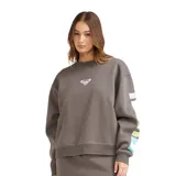Buzo de cuello redondo color gris, con diseño holgado, puños y ruedo acanalados. Presenta un pequeño logo estampado en el centro del pecho y un estampado gráfico colorido en la manga izquierda.