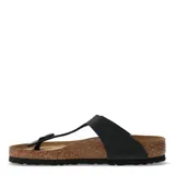 Sandalias tipo ojota Birkenstock modelo Gizeh, con capellada de cuero sintético negro, hebilla metálica ajustable y plantilla anatómica de corcho y látex con suela de goma antideslizante.